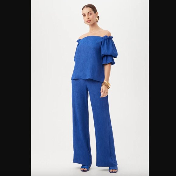 Trina Turk Long Weekend Admiral Blue Textured Wide Leg Pants 0 - Picture 3 of 7